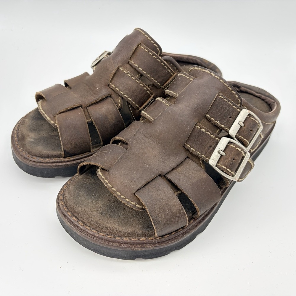 Simple Brown Leather Slide Sandals with Buckles